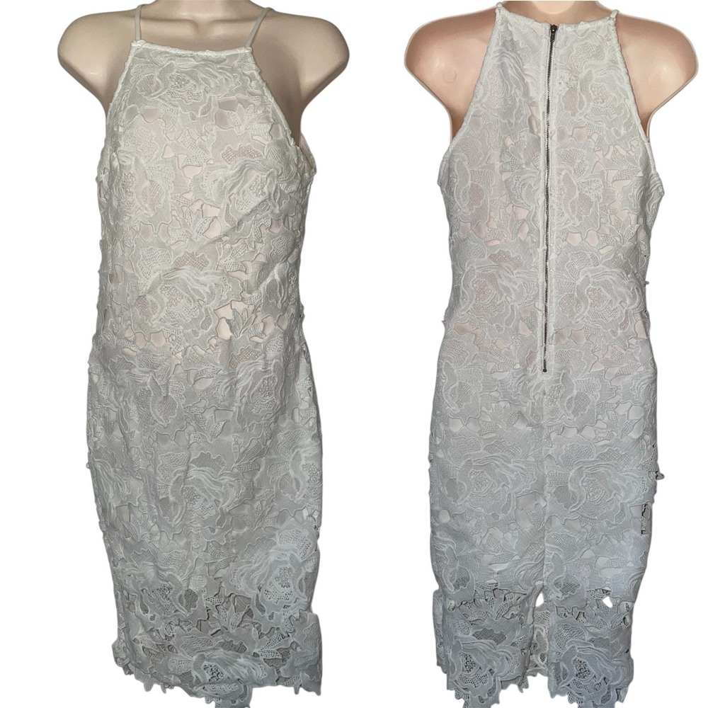 Trac White Lace Halter Bodycon Formal Lined Zip Dress Small